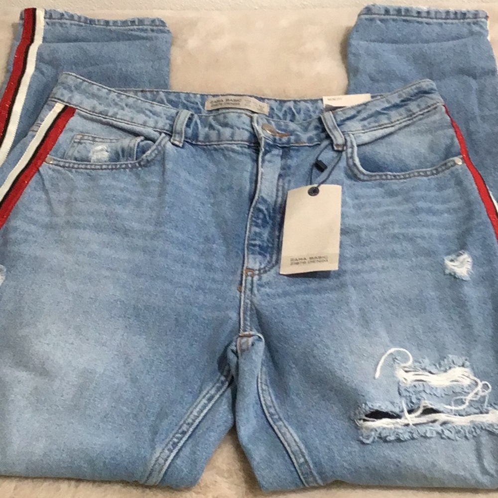 🆕 ZARA Basic Denim Stripe Mom Fit Jeans High Rise